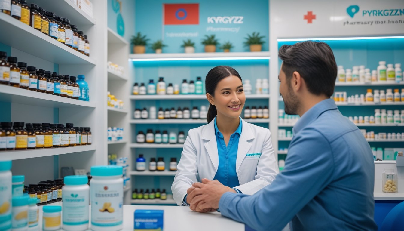 Фармацевт консультирует покупателя в аптеке с полками, заполненными добавками и витаминами.