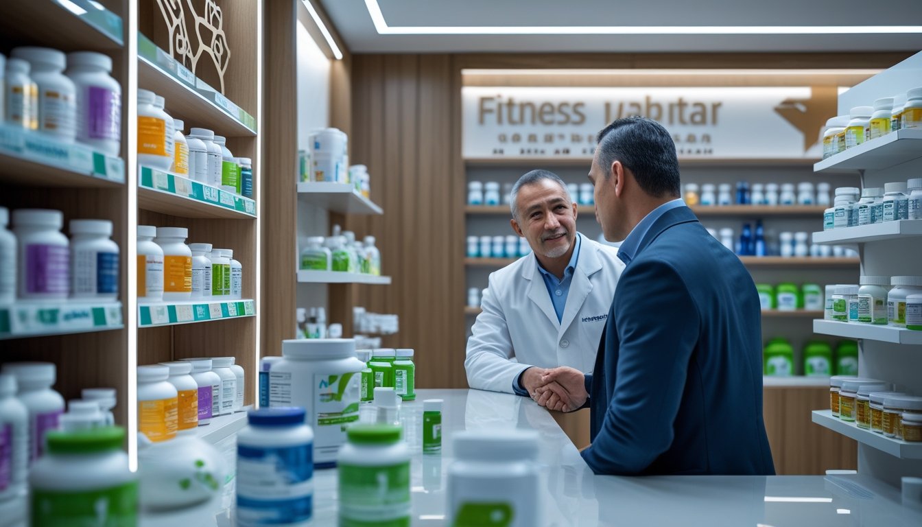 Мужчина разговаривает с фармацевтом в аптеке, где продаются спортивные добавки.