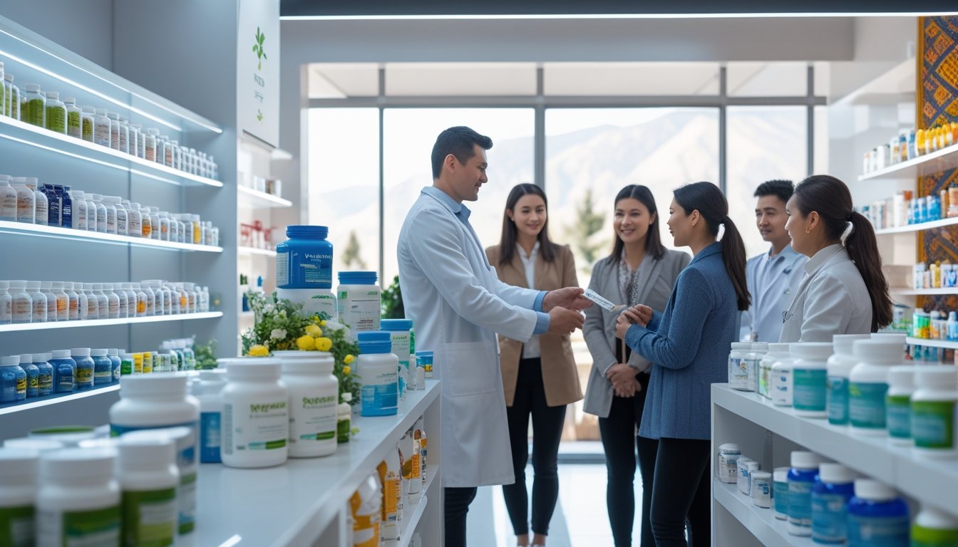 Интерьер современной аптеки с фармацевтом, помогающим клиенту среди полок с товарами для здоровья.